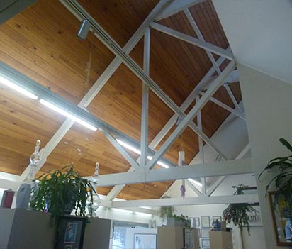 The image depicts an interior space with high vaulted ceilings featuring wooden beams, and a skylight. The room has exposed rafters and is furnished with potted plants, office furniture, and decorative items on shelves.