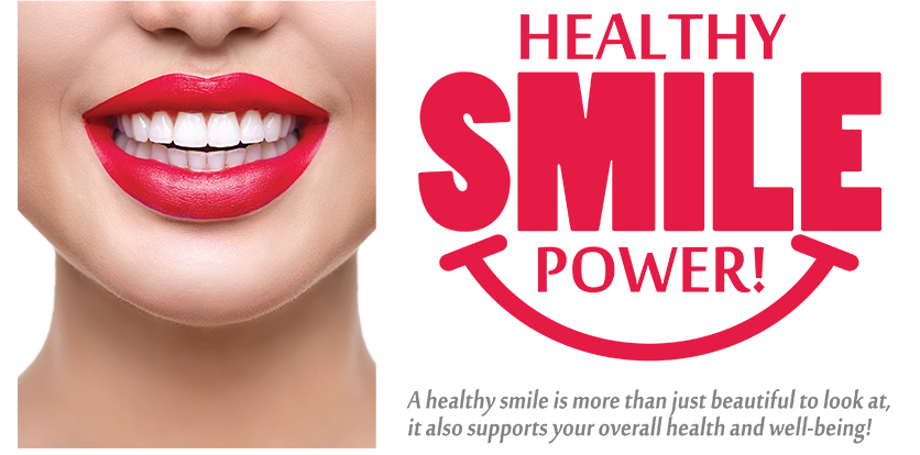The image features a close-up of a person s face with red lipstick, overlaid with text that reads  HEALTHY SMILE POWER  and includes a graphic of teeth, emphasizing dental care.
